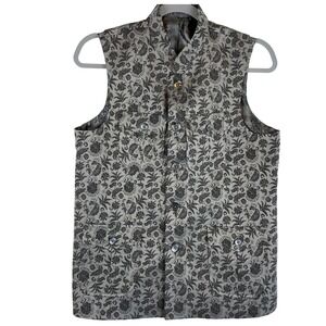 Avtar Tailors Mens Nehru Vest Silver Black Floral Brocade Mandarin Collar Jacket
